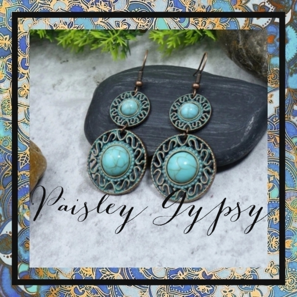BOHEMIAN WESTERN STYLE ANTIQUED BRONZE LOOKING TURQUOISE COLOR STONE EAR…